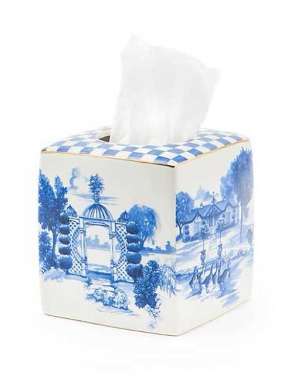 MacKenzie-Childs Royal Toile Ceramic Tissue Box Cover Royal Check Blue White